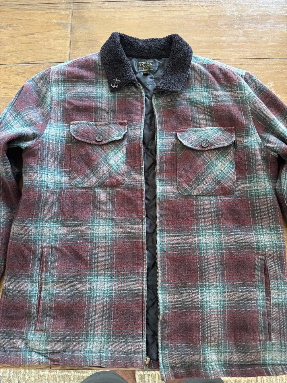 Men's Plaid Quilted Shirt Jacket with Shearling Collar - Burgundy/Teal